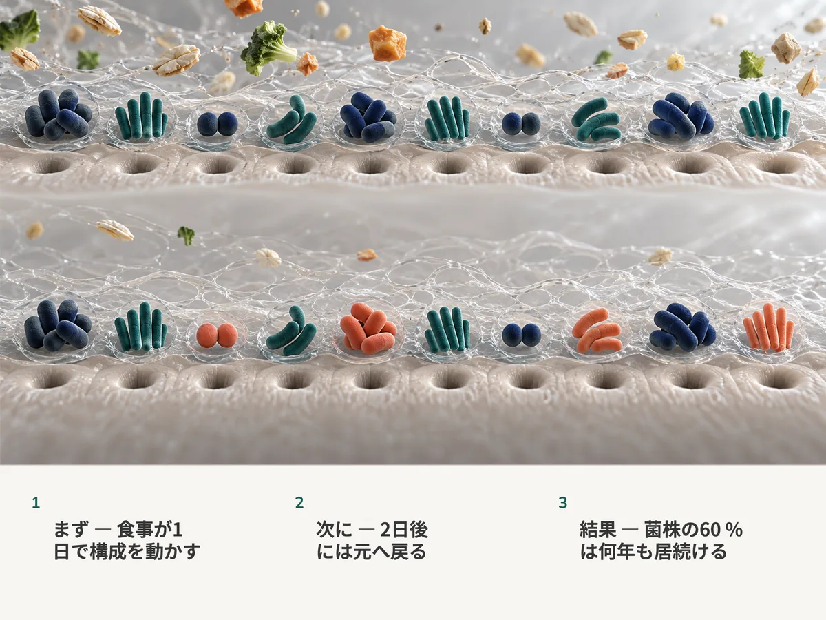 イラスト：食べ物が流れ込む粘液の中、腸内細菌の集まりが十ずつ二列。あとの列では六つがそのままで、四つが新しい菌に入れ替わっている