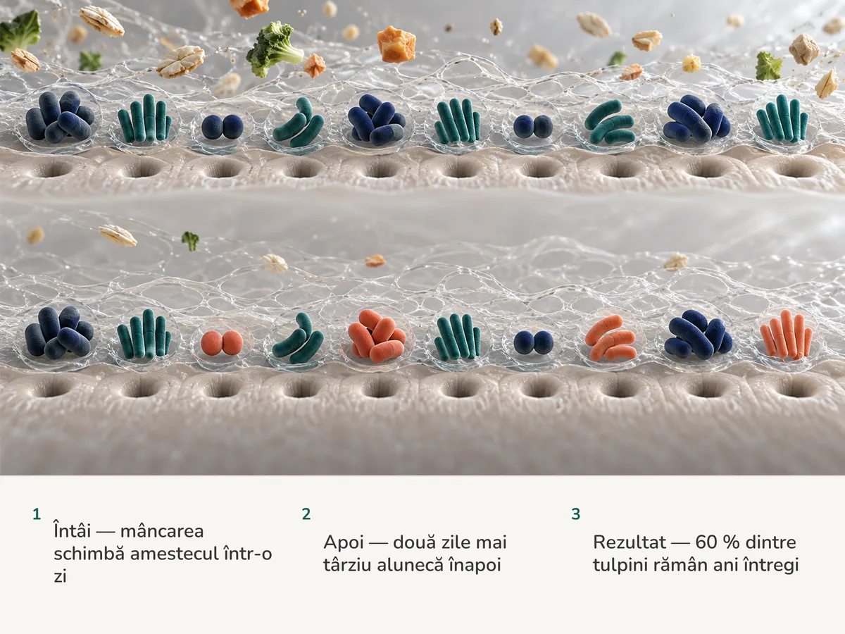 Ilustrație: două rânduri de câte zece grupuri de bacterii intestinale în mucus, în timp ce hrana plutește spre ele; în rândul de mai târziu șase grupuri sunt neschimbate, iar patru sunt înlocuite de nou-veniți