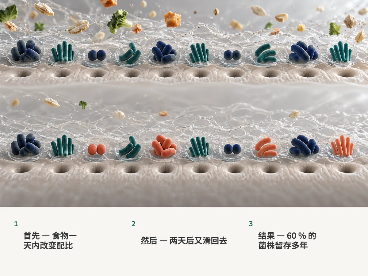 插图:黏液里两排各十组肠道细菌,食物飘进来;后一排里六组原封不动,四组被新来者取代