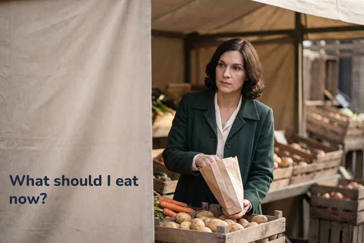 What should I eat now? — a woman at a market stall mid-morning, a paper bag of vegetables in hand