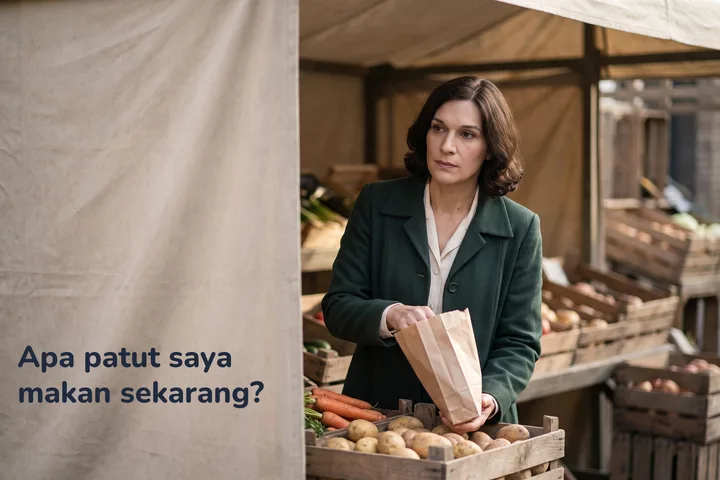 Apa patut saya makan sekarang? — seorang wanita di gerai pasar waktu pagi, beg kertas berisi sayur di tangan