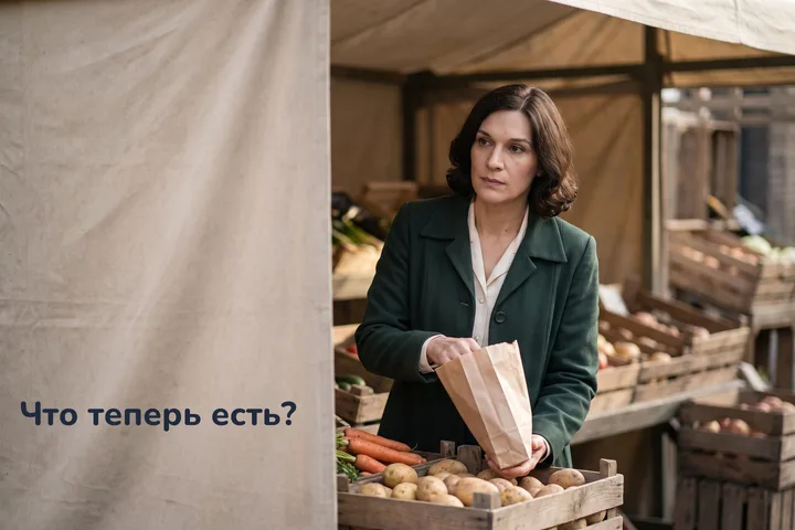 Что теперь есть? — женщина у овощного лотка на рынке утром, в руках бумажный пакет