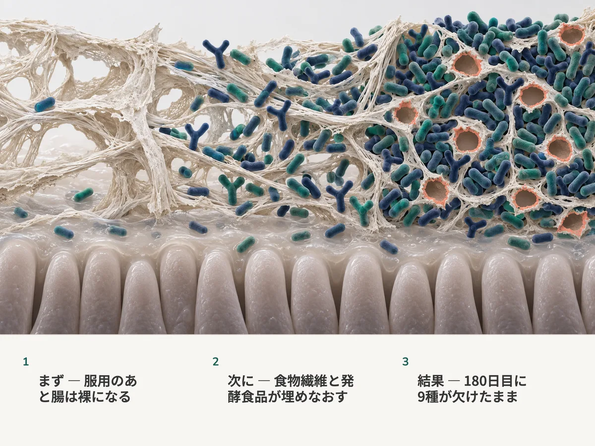 イラスト:腸粘膜の上の植物繊維。抗生物質のあとはほぼ裸で、やがて繊維に沿って細菌が増え、最後は九か所を空けたまま再びひしめく