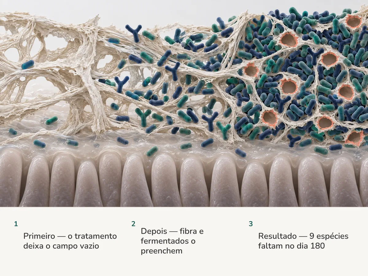 Ilustração: fibra vegetal sobre a mucosa do intestino, quase vazia depois dos antibióticos, depois se enchendo de bactérias ao longo dos fios e, por fim, cheia de novo com nove lugares que ficam vazios