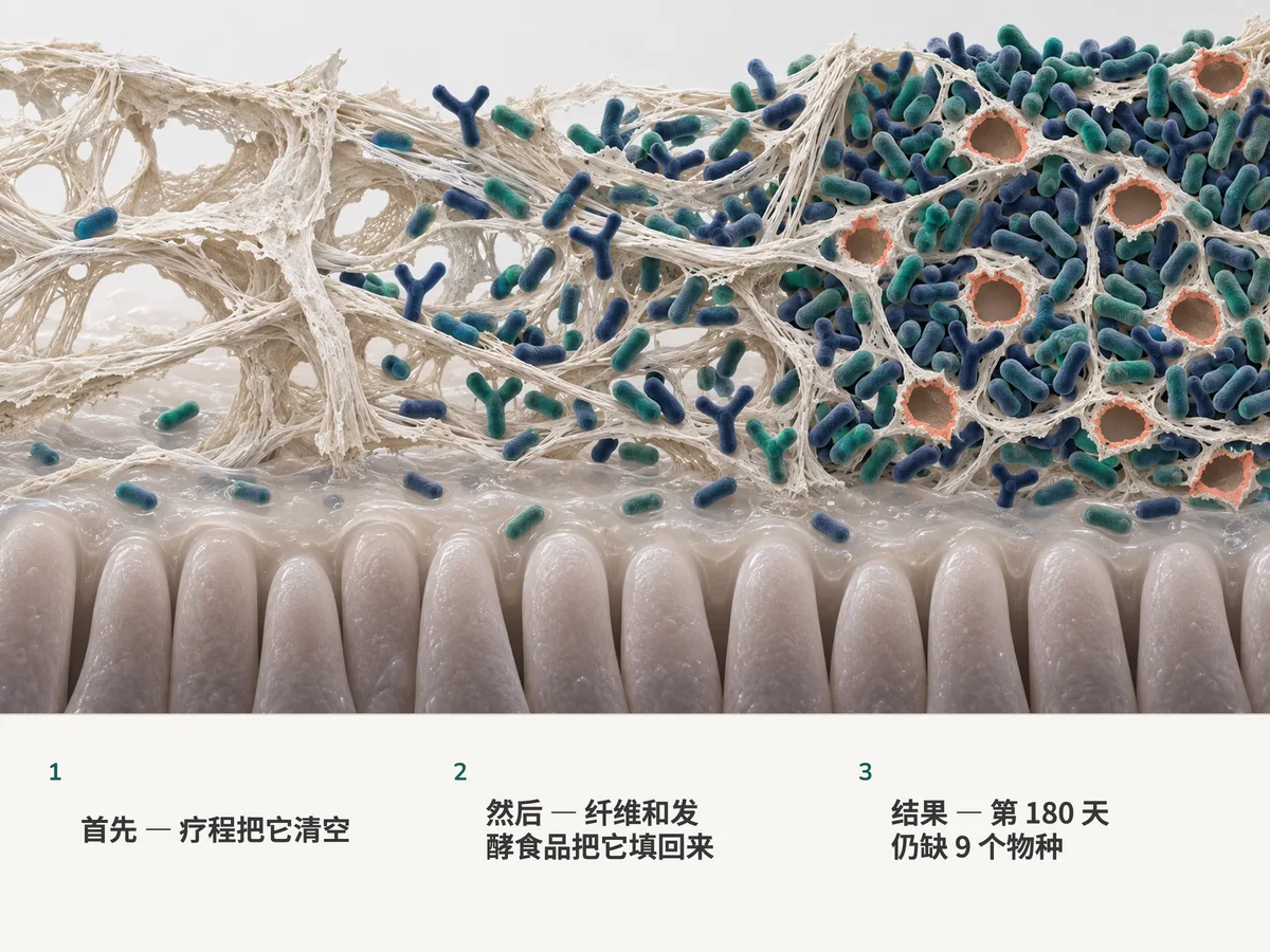 插图:肠黏膜上的植物纤维,抗生素之后几乎空无一物,随后细菌沿着纤维丝重新填入,最后又挤满,只留下九个空位