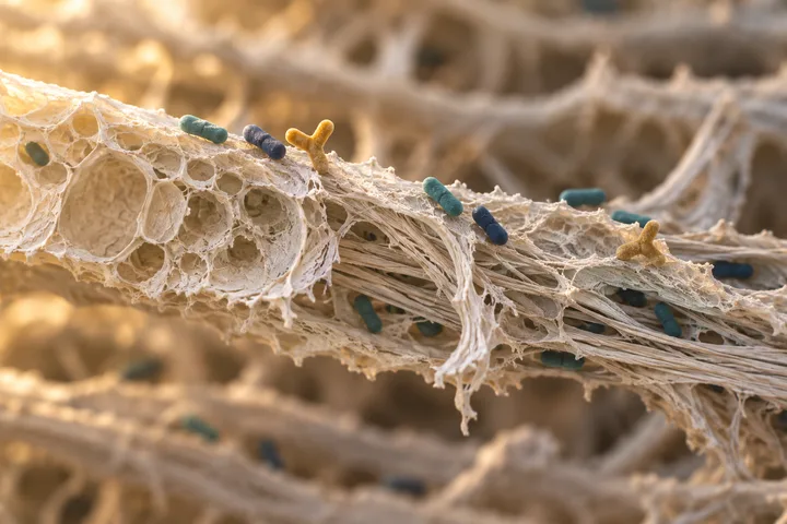 Illustration: rods and forked gut bacteria settling back along torn plant cell walls in soft morning light