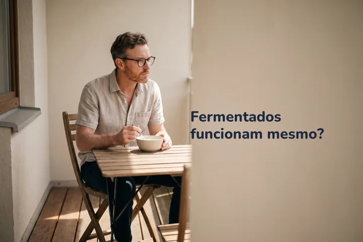 Fermentados funcionam mesmo? — um homem toma uma tigela de kefir numa mesinha da varanda à tarde