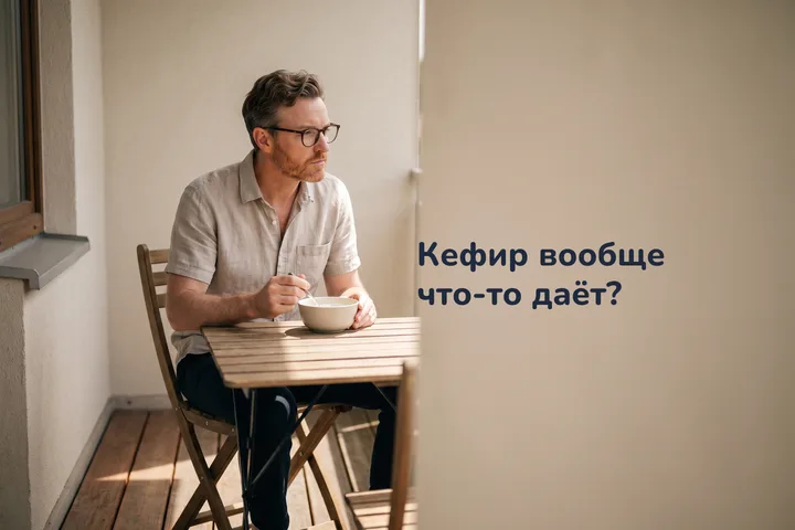 Кефир вообще что-то даёт? — мужчина ест кефир за столиком на своём балконе днём