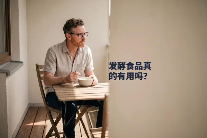 发酵食品真的有用吗？ — 下午，一位男性在阳台的小桌旁吃一碗开菲尔