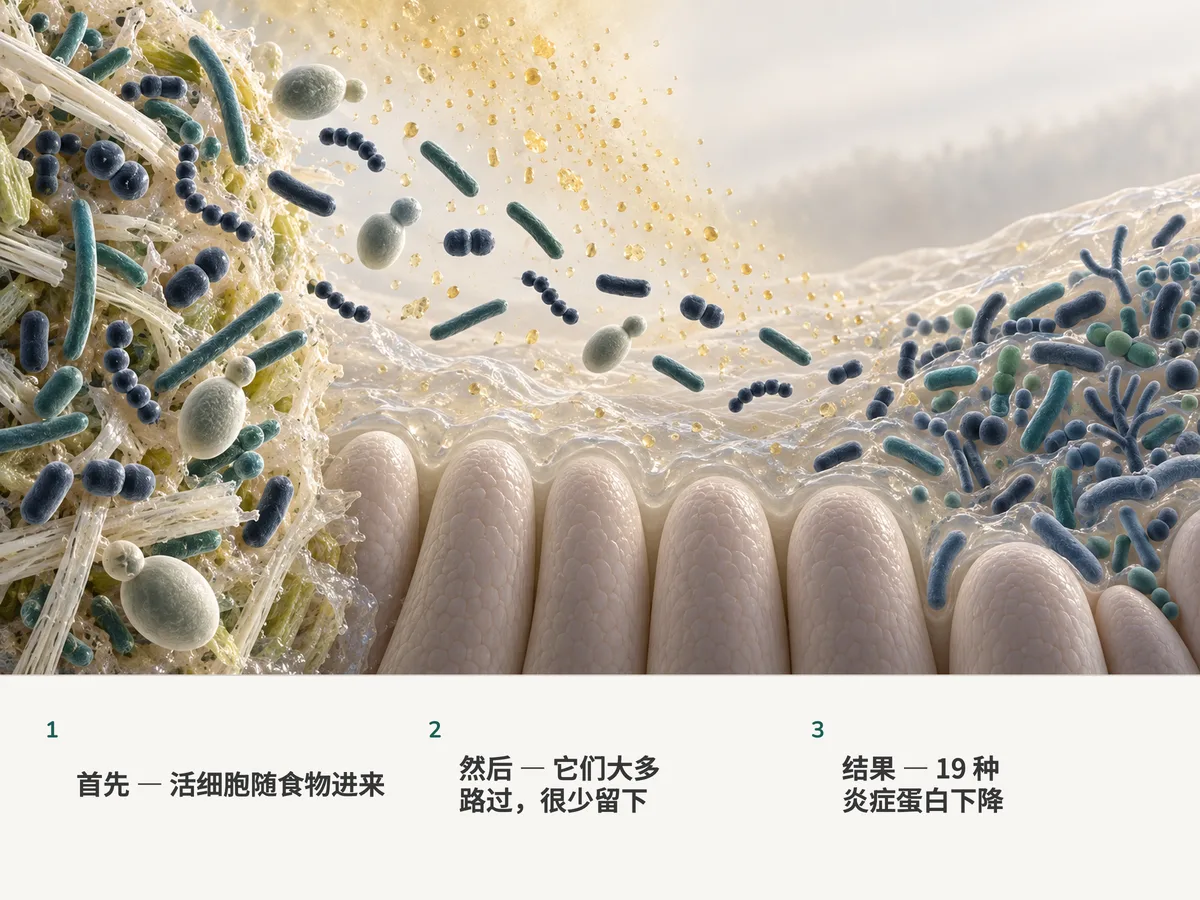 插图：来自活发酵食品的细菌漂过肠黏膜；二十个里有一个占住位置，酸渗进黏液，原住的细菌最终变得更多样