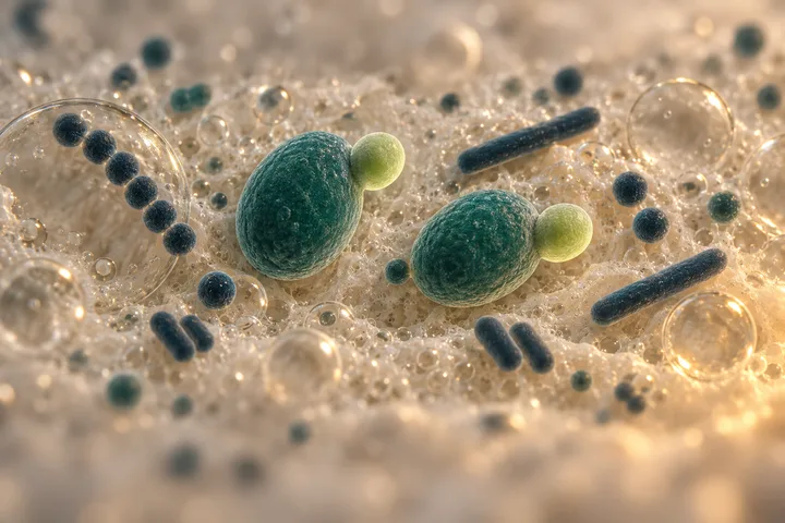 Illustration: chains of round cells, long rods and large budding yeasts among tiny bubbles in a live ferment