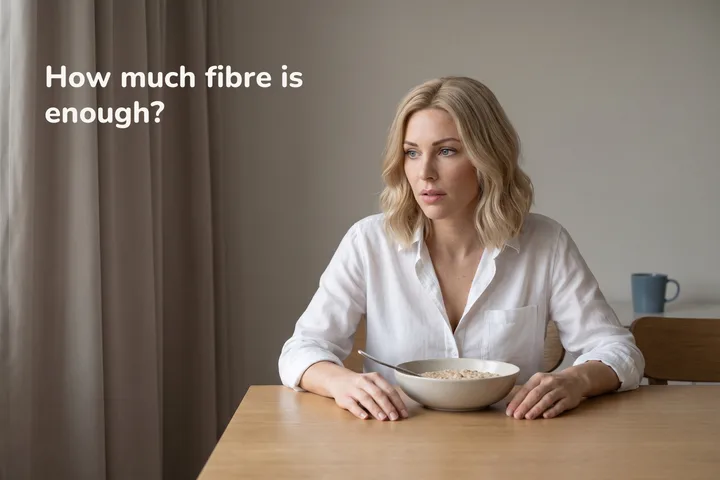 How much fibre is enough? — a woman at her dining table early in the morning, a bowl of porridge in front of her