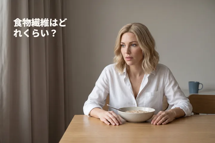 食物繊維はどれくらい? — 早朝、女性が食卓についてオートミールの器を前にしている