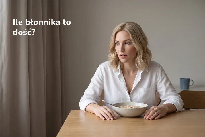 Ile błonnika to dość? — kobieta przy stole wcześnie rano, przed nią miska owsianki