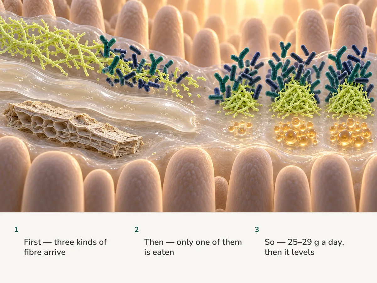 Illustration: three fibres reach the gut lining; bacteria eat only the branched chains, a gel ribbon and a bran flake pass whole, and larger helpings stop yielding more