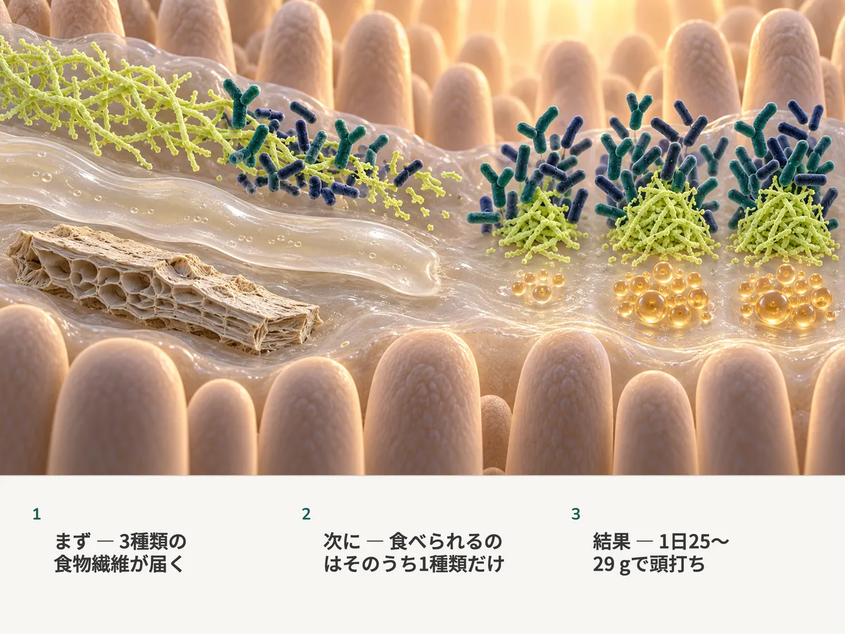 イラスト：三種類の食物繊維が腸粘膜に届く。細菌が食べるのは枝状の鎖だけで、ゲルの帯とふすまの薄片はそのまま通り、量を増やしても得るものは増えない