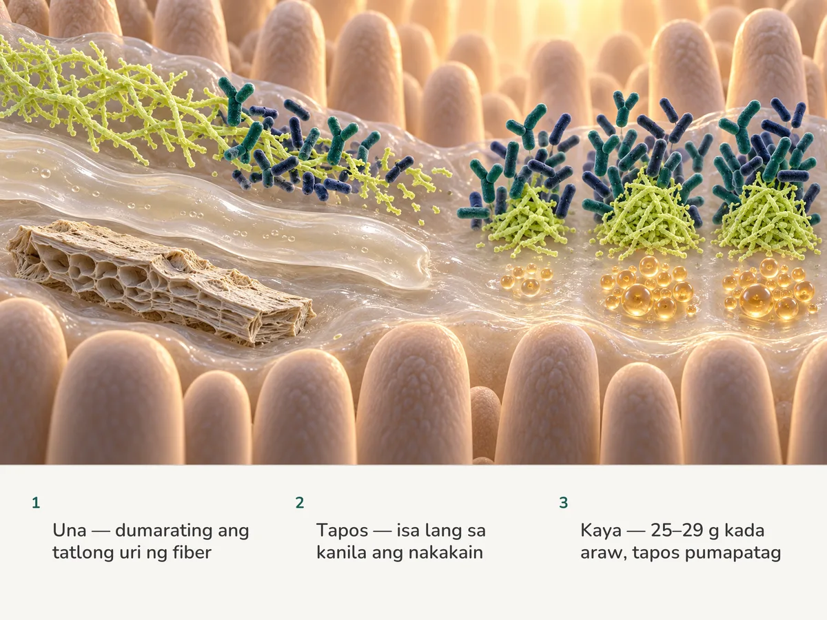 Ilustrasyon: tatlong fiber ang umaabot sa lining ng bituka; ang sanga-sangang kadena lang ang kinakain ng bacteria, buong dumadaan ang laso ng gel at ang piraso ng bran, at tumitigil sa pagdagdag ang mas malaking dami
