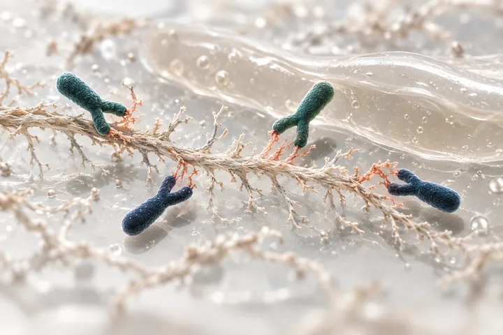 Illustration: forked gut bacteria taking apart soft branched fibre chains while a smooth gel ribbon slides past