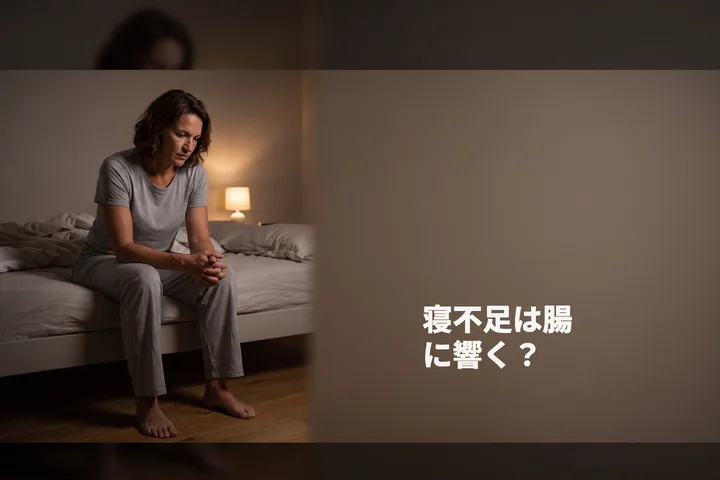 寝不足は腸に響く？ — 午前3時、小さな明かりのそばで女性がベッドの端に腰かけている