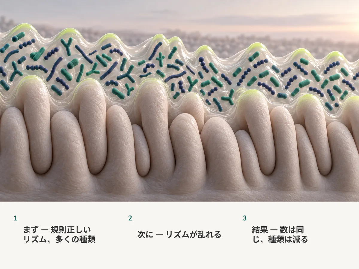 イラスト:腸粘膜に沿った細菌のそろった波がやがて乱れる。数は同じだけ詰まっているのに、種類は少なくなっている