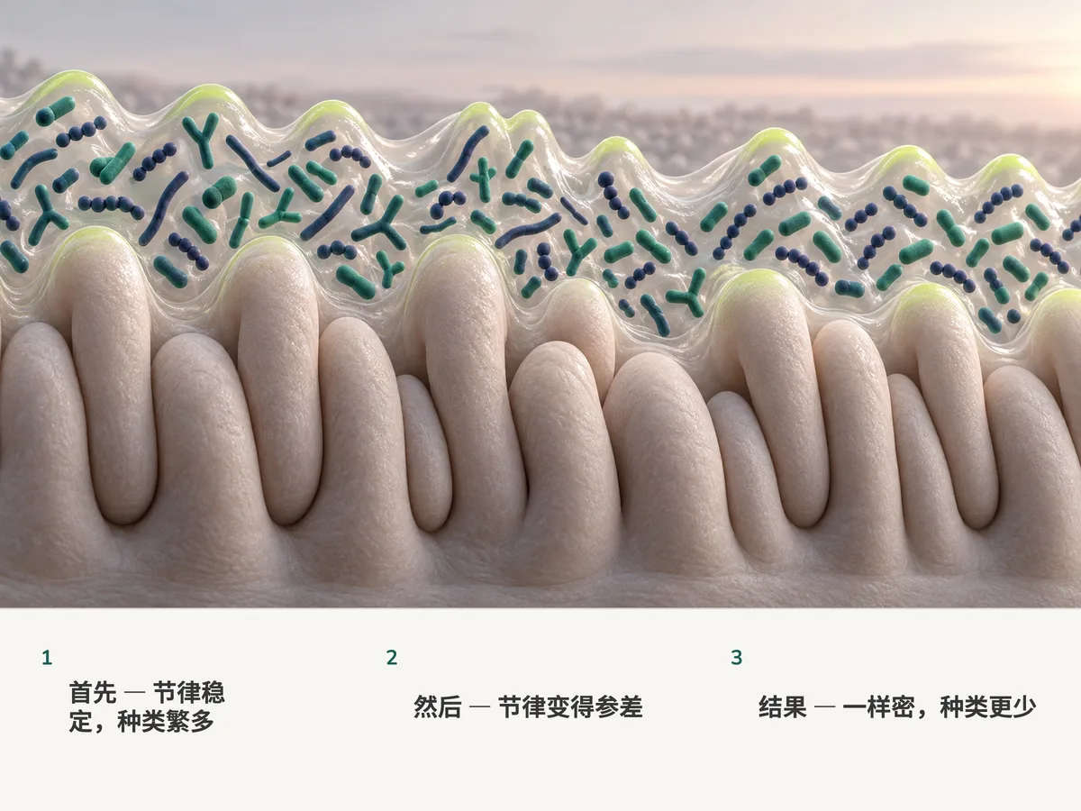 插图:肠黏膜上的肠道细菌原本排成均匀的波浪,后来变得参差,数量依然一样多,种类却变少了