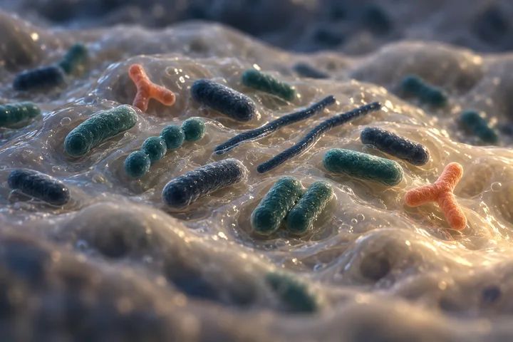 Illustration: four kinds of gut bacteria side by side in a glistening mucus film under deep blue night light